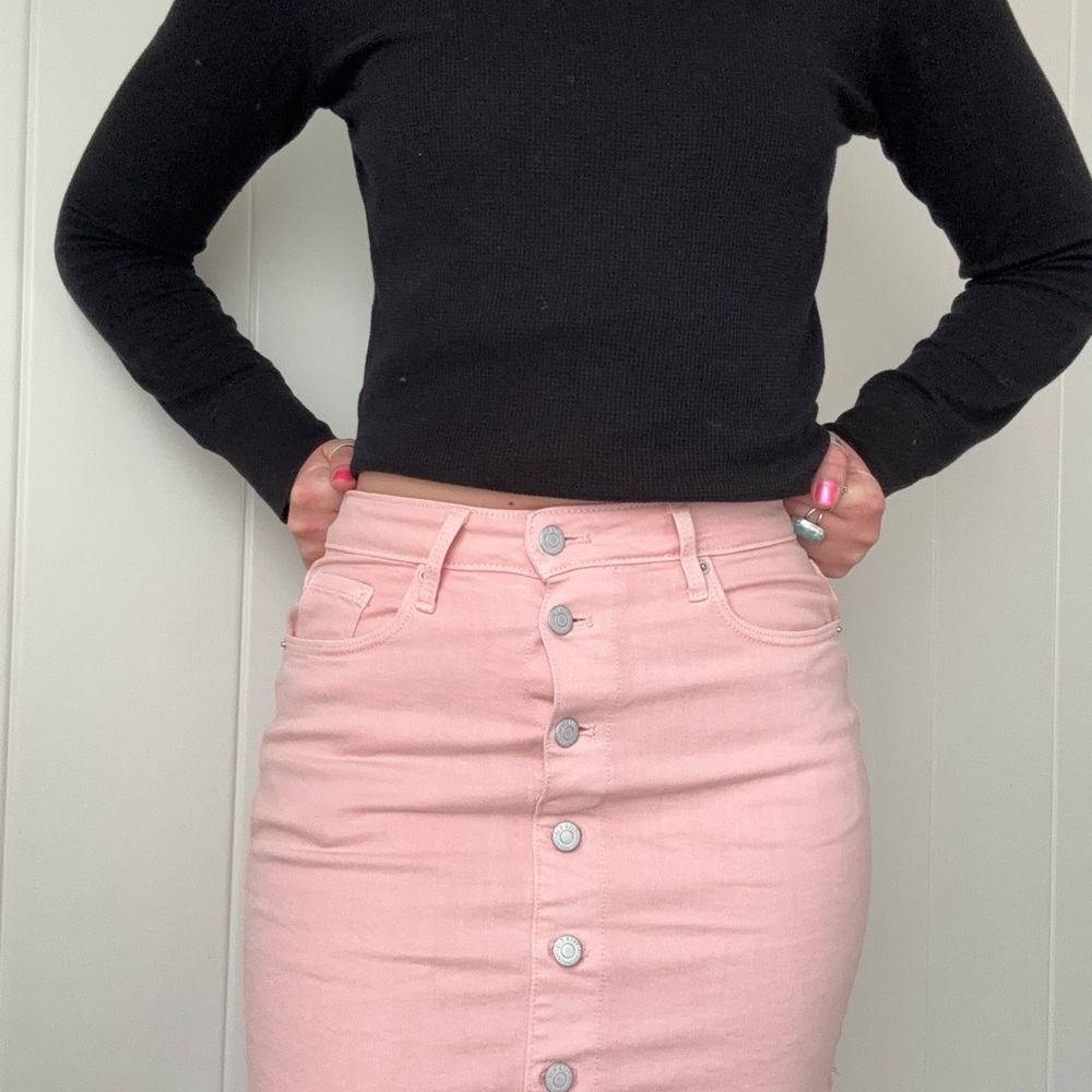 Pink Button-Front Denim Skirt